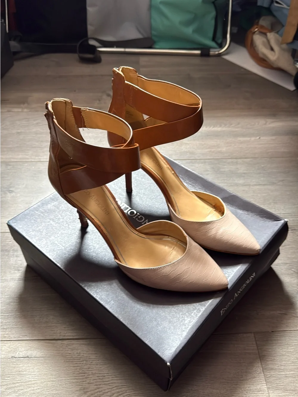 Enzo Angiolini Two-Tone Pointed Toe Ankle-Strap Heels - Brown & Blush